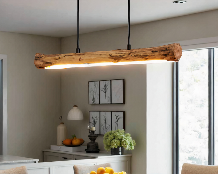 Dimmable wooden LED pendant light with a modern natural design, perfect for illuminating a dining table with warm light.