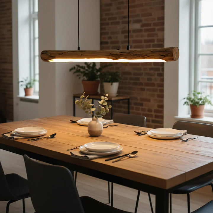 Elegant wooden pendant lamp featuring dimmable LED lighting, a warm natural aesthetic, ideal for dining room decor.