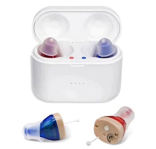 Discreet rechargeable behind-ear digital hearing aid pair for clear audio amplification.