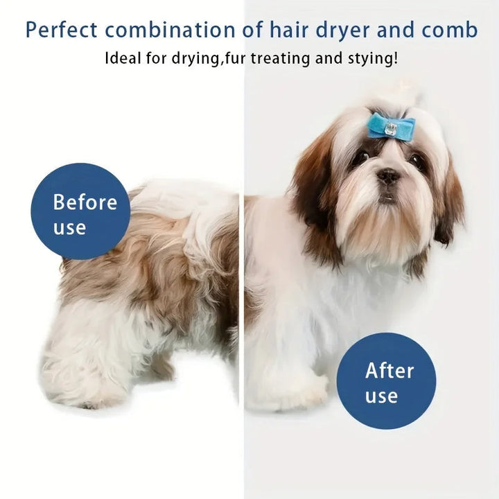 All-in-one dog grooming tool combining a gentle pet hair dryer and detangling brush for efficient pet care.