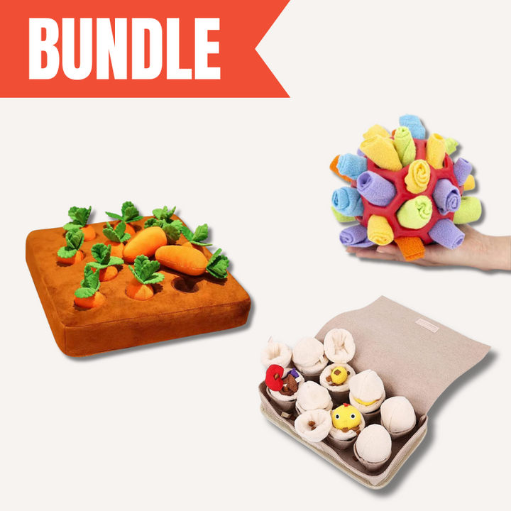 Dog enrichment trio featuring carrot, egg, and snuffle mat toys for mental stimulation.