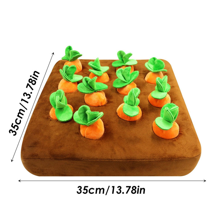 Interactive dog puzzle toy set with carrot, egg, and snuffle mat for treat dispensing.