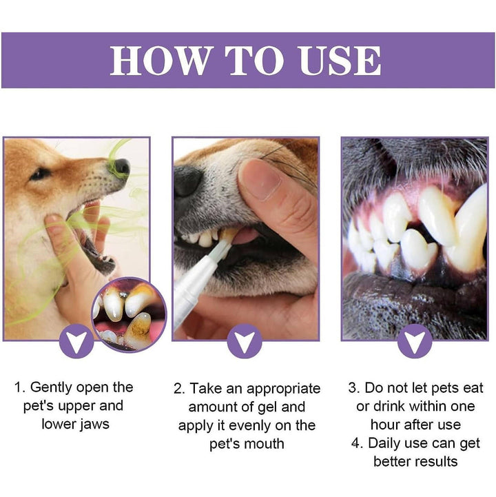 Three tubes of dog oral care repair gel displayed, vital for pet teeth cleaning, plaque, and tartar control.