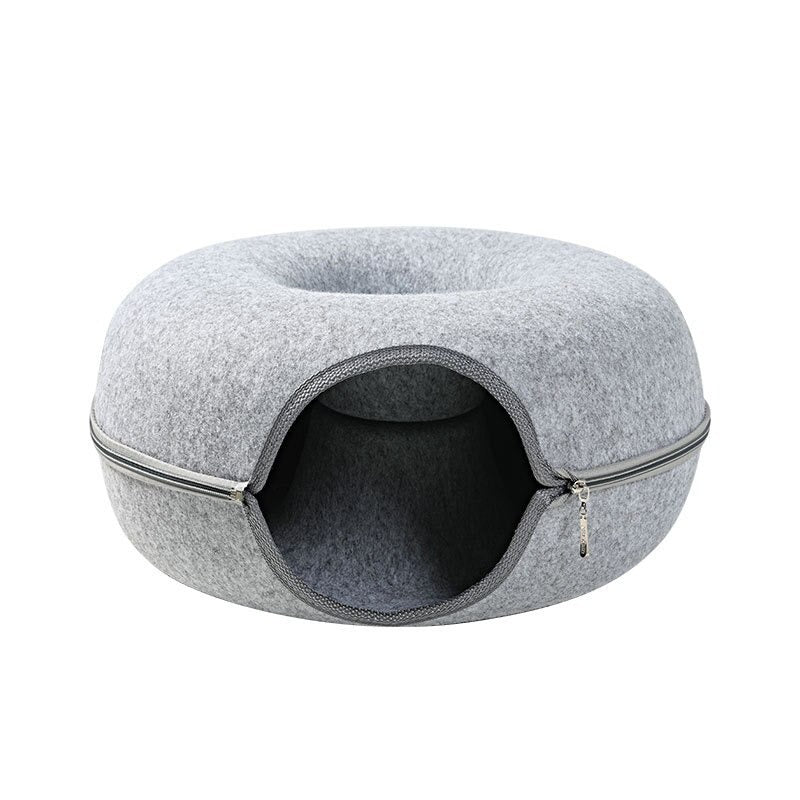 Durable grey felt cat cave bed, perfect for cats who love to hide.