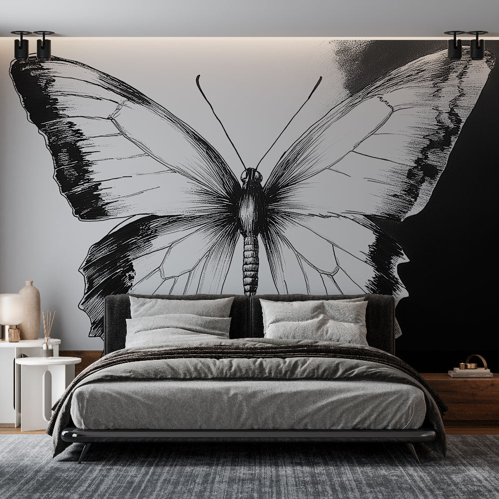 Dramatic monochrome butterfly peel and stick wallpaper wall art with classical insect design for modern home decor.