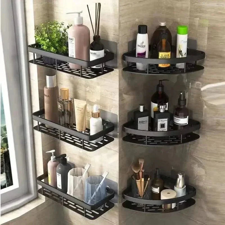 Drill-free corner bathroom shelf with 2 tiers. Adhesive shower caddy for toiletries. Space-saving wall mount.