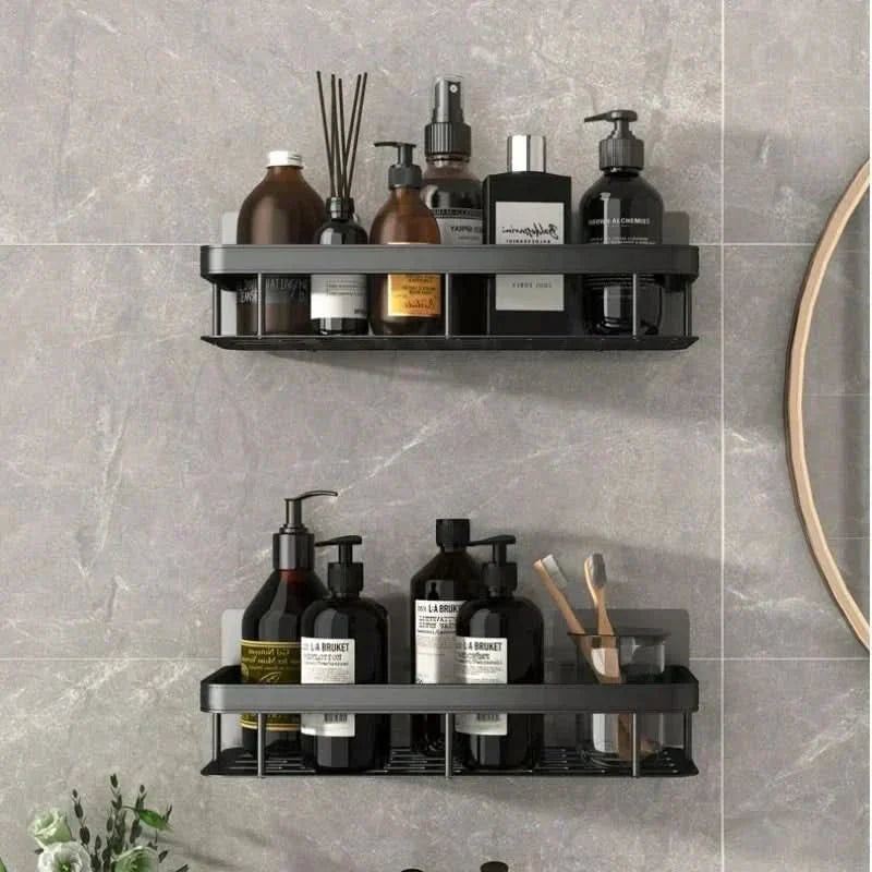2-tier corner shower caddy for bathroom organization. No-drill adhesive shelf for shampoo & soap storage.