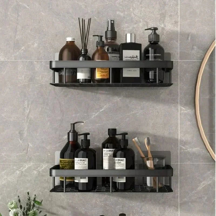 2-tier corner shower caddy for bathroom organization. No-drill adhesive shelf for shampoo & soap storage.