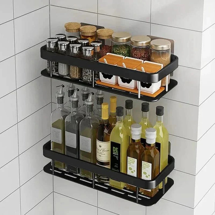 Modern no-drill corner bathroom shelf. Easy install 2-tier adhesive shower caddy for organized toiletries.