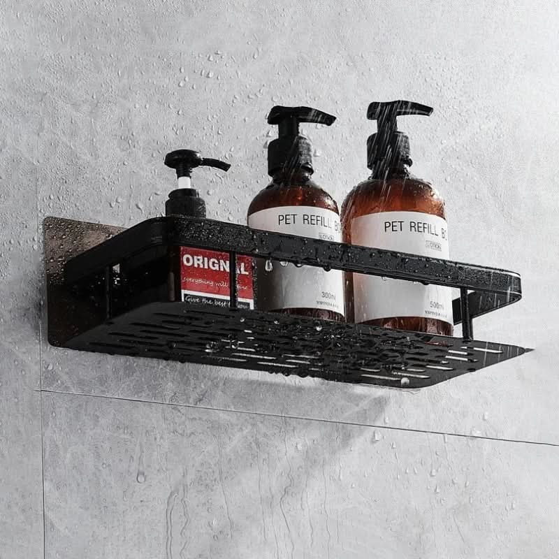 Space-saving 2-tier corner bathroom shelf. Drill-free adhesive shower caddy for toiletries organizer.