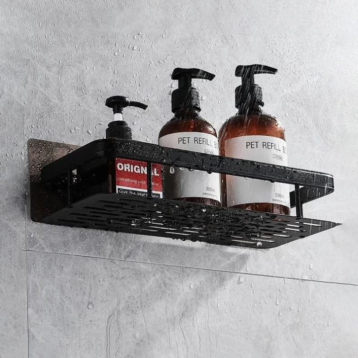 Space-saving 2-tier corner bathroom shelf. Drill-free adhesive shower caddy for toiletries organizer.
