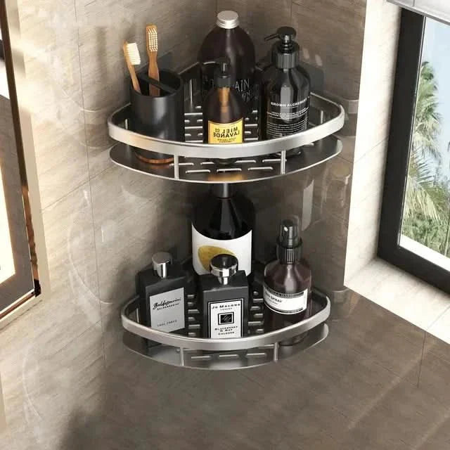 Corner bathroom shelf with two storage tiers. Drill-free adhesive shower caddy for shampoo & soap.