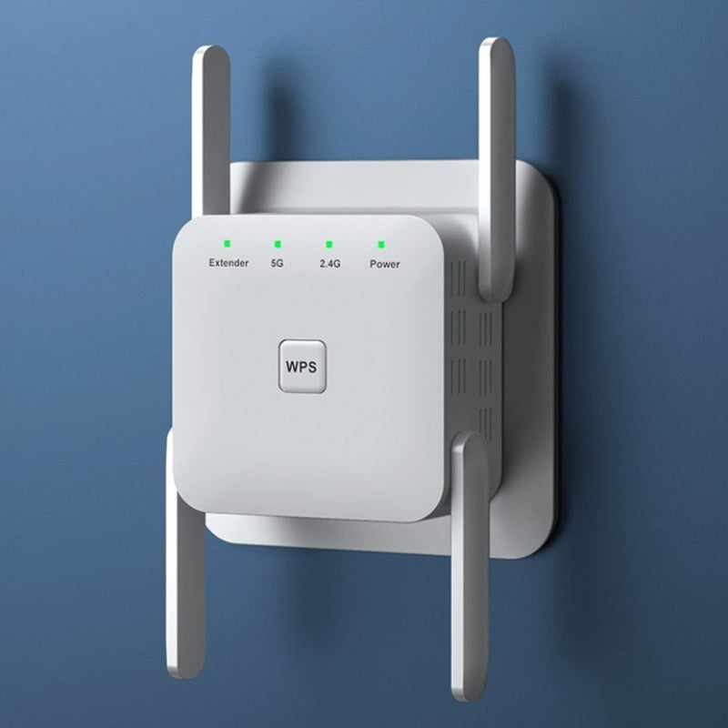Dual-band 1200Mbps WiFi extender for seamless home network connectivity, boosting internet signal & eliminating dead zones.