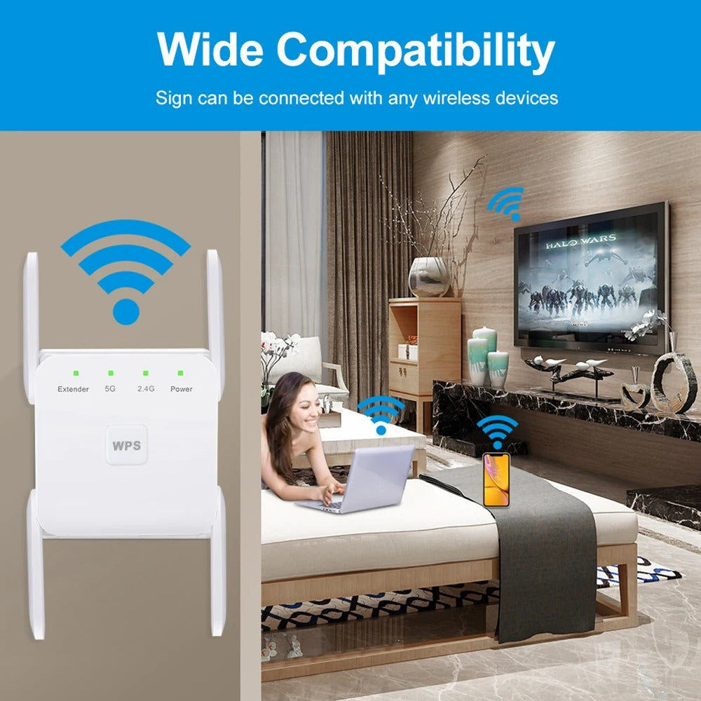 Boost your home WiFi with this 1200Mbps dual-band wireless repeater, a powerful internet signal enhancer.