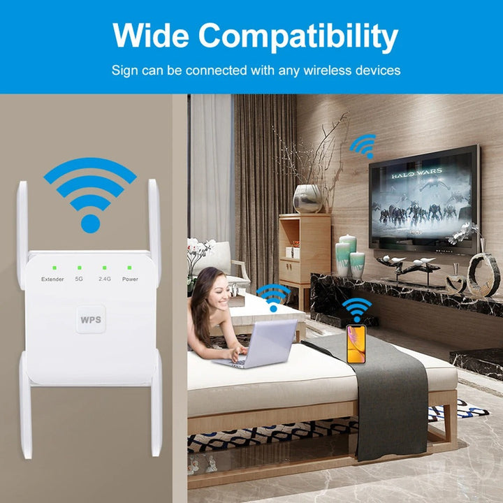 Boost your home WiFi with this 1200Mbps dual-band wireless repeater, a powerful internet signal enhancer.