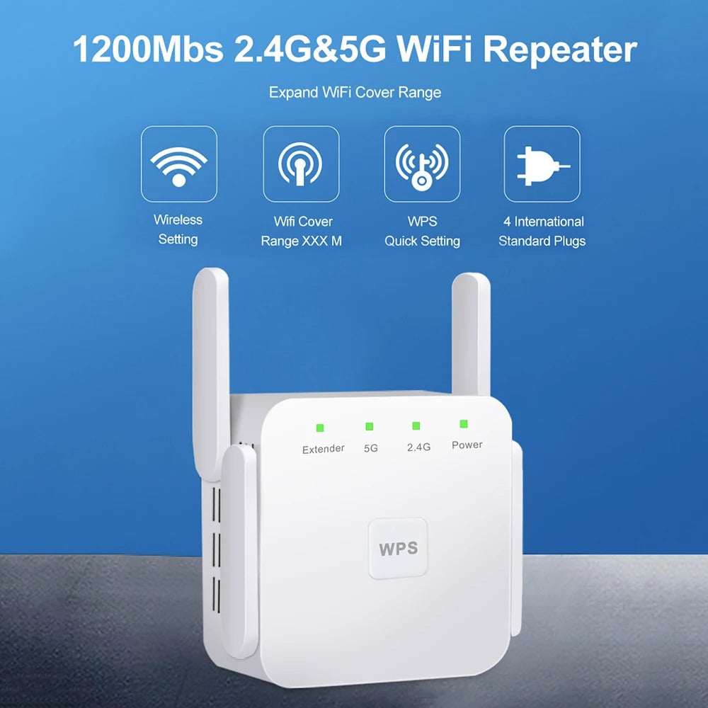 Compact 1200Mbps dual-band WiFi extender, an internet booster & signal enhancer for seamless home network.