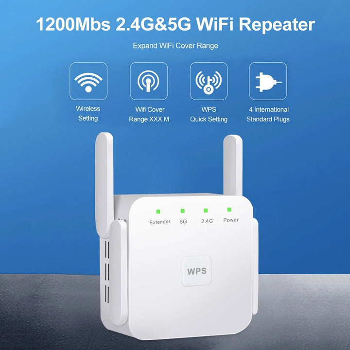 Compact 1200Mbps dual-band WiFi extender, an internet booster & signal enhancer for seamless home network.