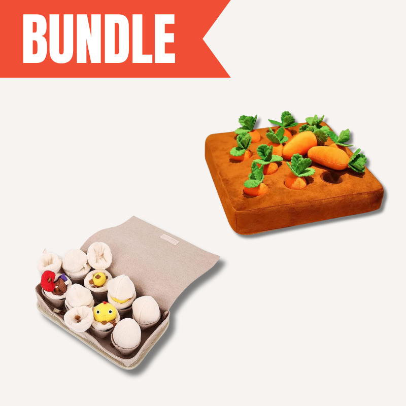Dual dog enrichment set with carrot and egg farm design for mental stimulation and treat dispensing.