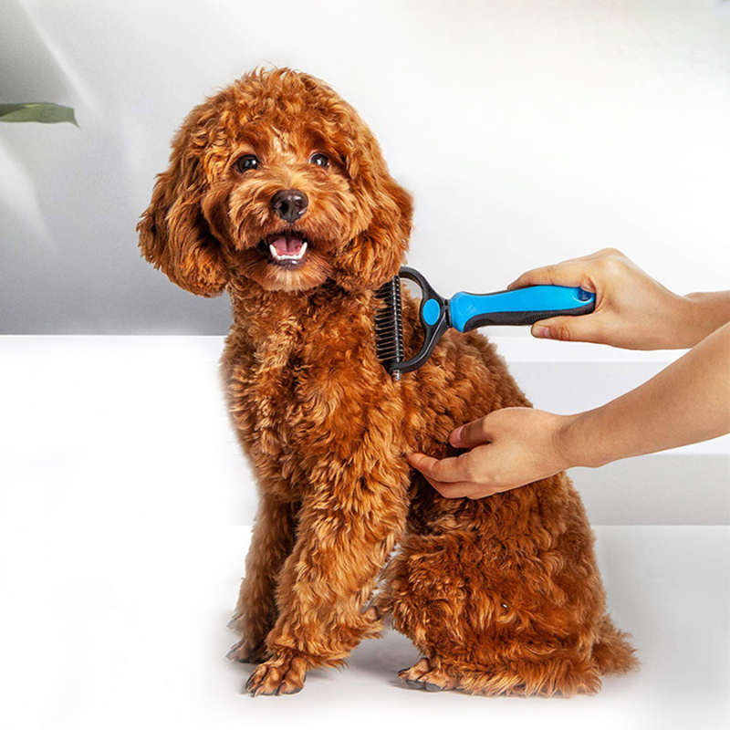 DualBrush pet grooming brush for dogs and cats, removes tangles and massages fur.