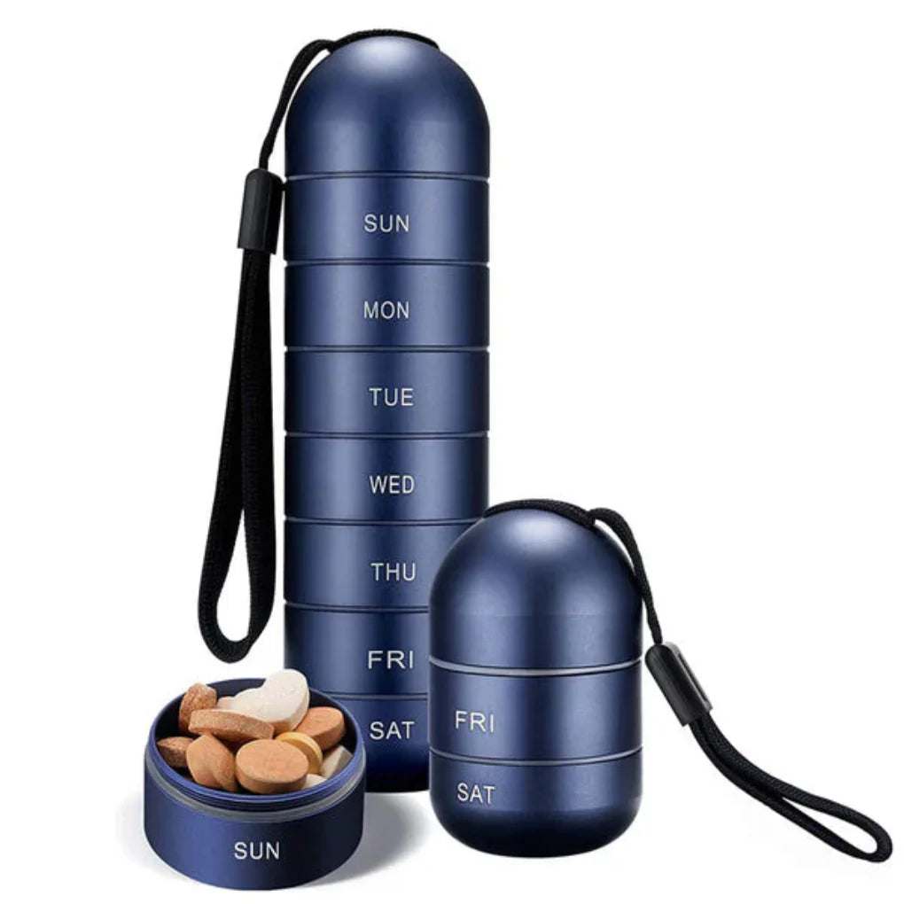 Durable aluminum 7-day weekly pill organizer, portable and waterproof for medication management.