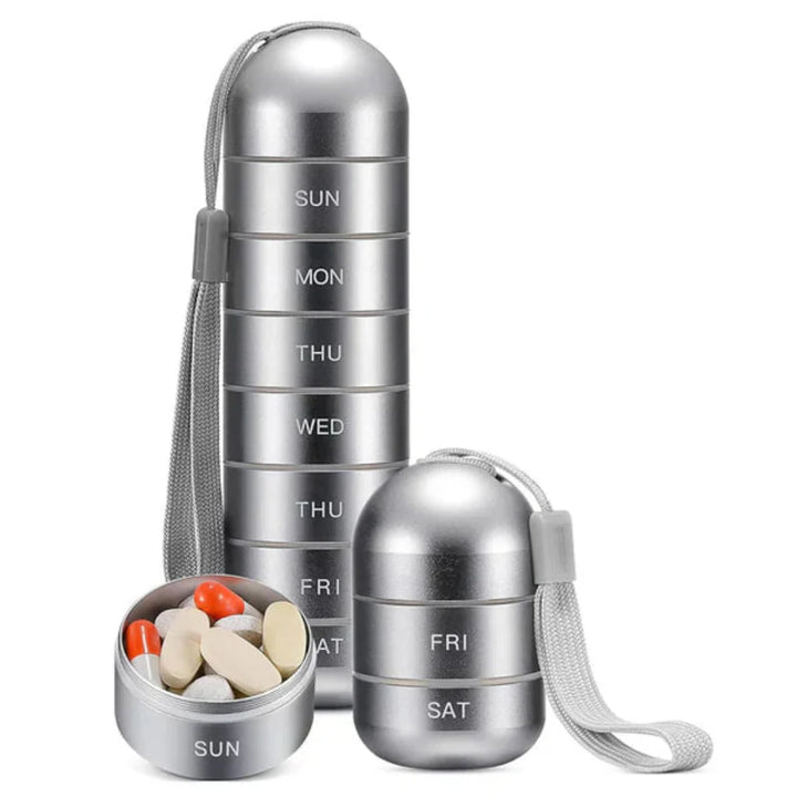 Waterproof travel pill case made of durable aluminum for secure medication storage.
