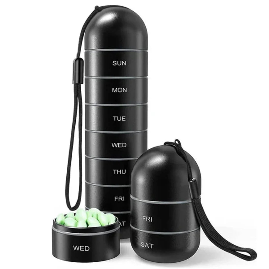 Health and wellness essential: a robust aluminum weekly pill holder for easy travel.