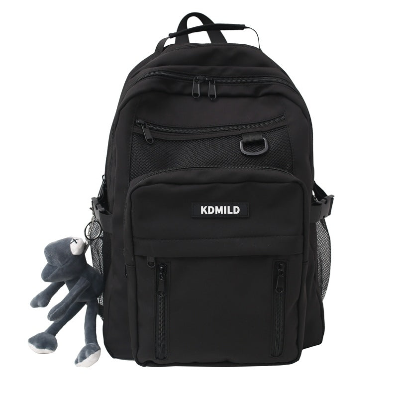 Durable black unisex multi-pocket backpack, perfect for travel, school, daily commute. Water-resistant design.