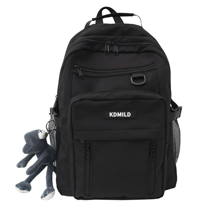 Durable black unisex multi-pocket backpack, perfect for travel, school, daily commute. Water-resistant design.
