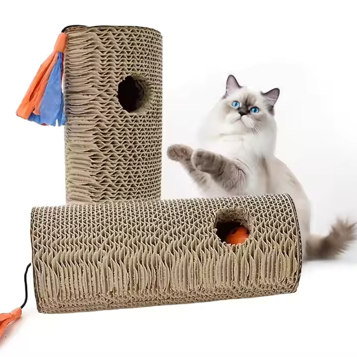 Durable cardboard cat scratching roll with fringes and a central hole, perfect for claw care and interactive play.