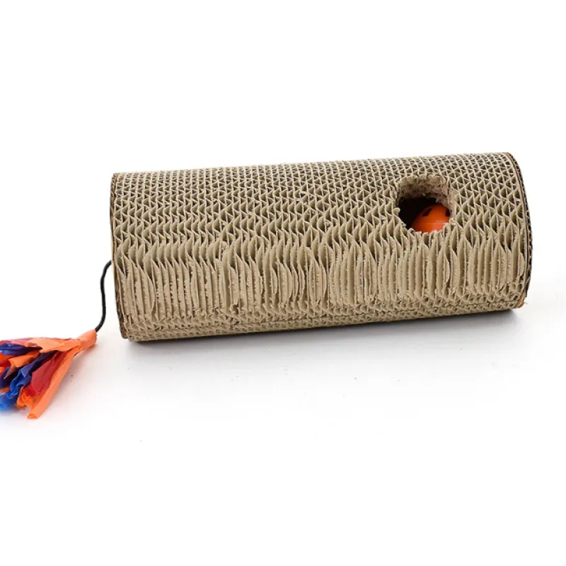 Interactive cat scratcher roll designed for claw care, made from durable cardboard with playful fringes & enrichment hole.