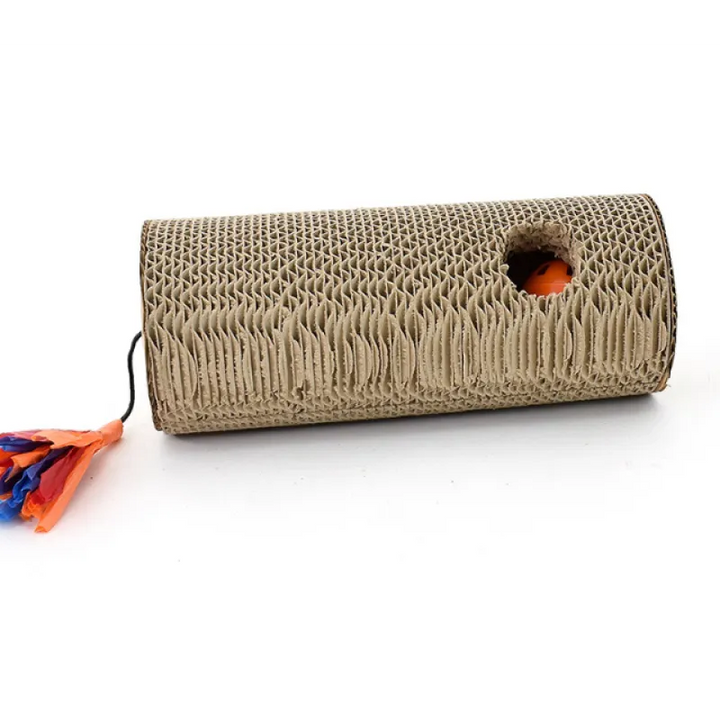 Interactive cat scratcher roll designed for claw care, made from durable cardboard with playful fringes & enrichment hole.