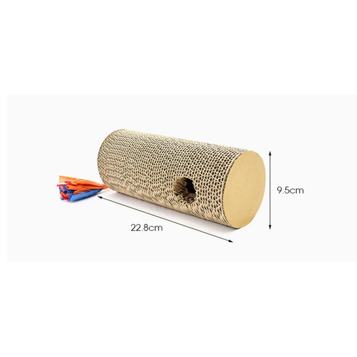 Cat scratching roll featuring sturdy cardboard, playful fringes & an enticing hole; essential pet supplies for claw health.