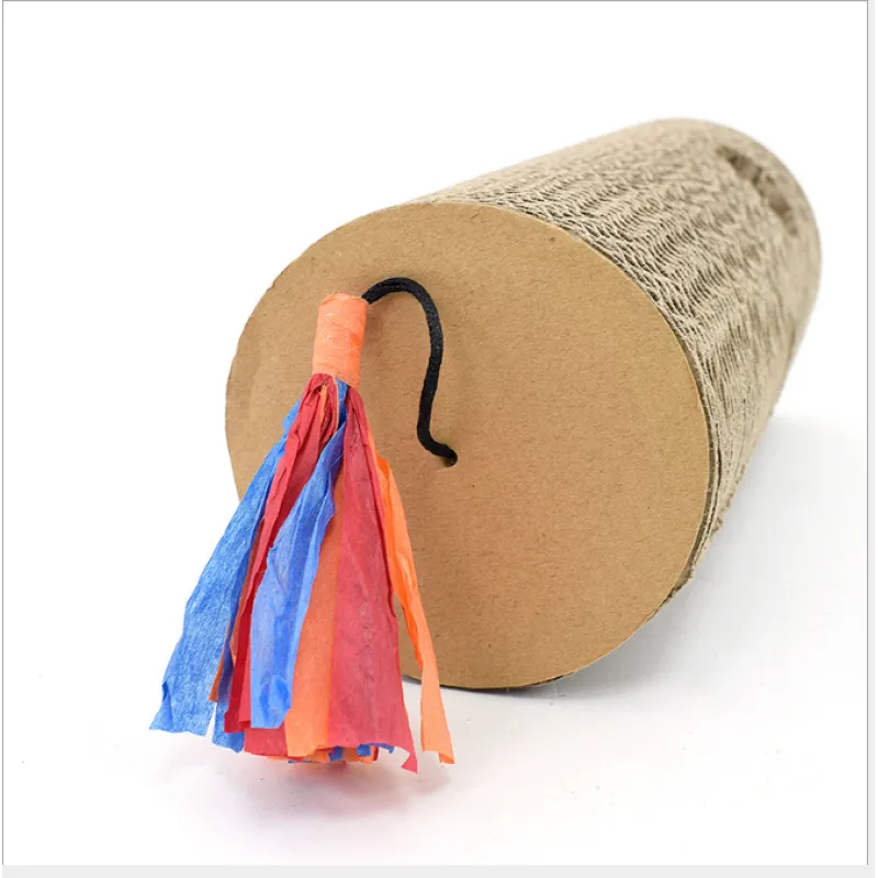 Cardboard cat scratching roll with fringes & hole provides enrichment, a durable scratch surface, and encourages active playtime.