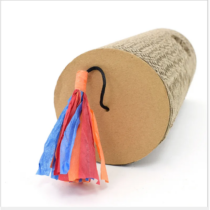 Cardboard cat scratching roll with fringes & hole provides enrichment, a durable scratch surface, and encourages active playtime.