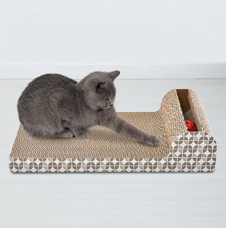 Durable cat scratching board with an interactive toy for feline claw care & furniture protection.