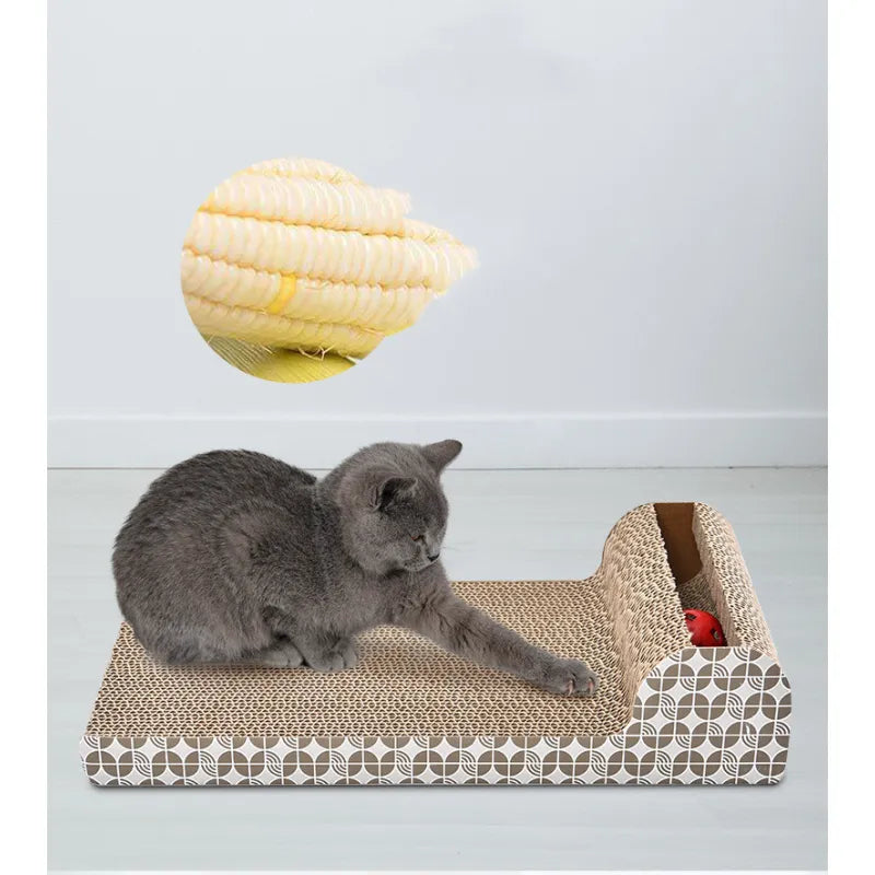Durable cat scratching board & playmat with toy for interactive feline fun, claw maintenance & furniture safety.