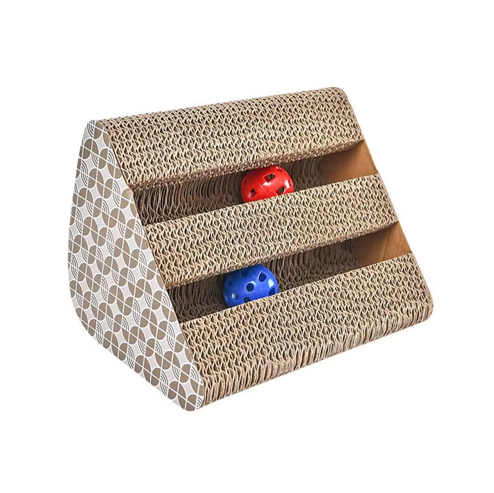 Feline scratching board & playmat with attached toy, an interactive product for cat claw care & engagement.