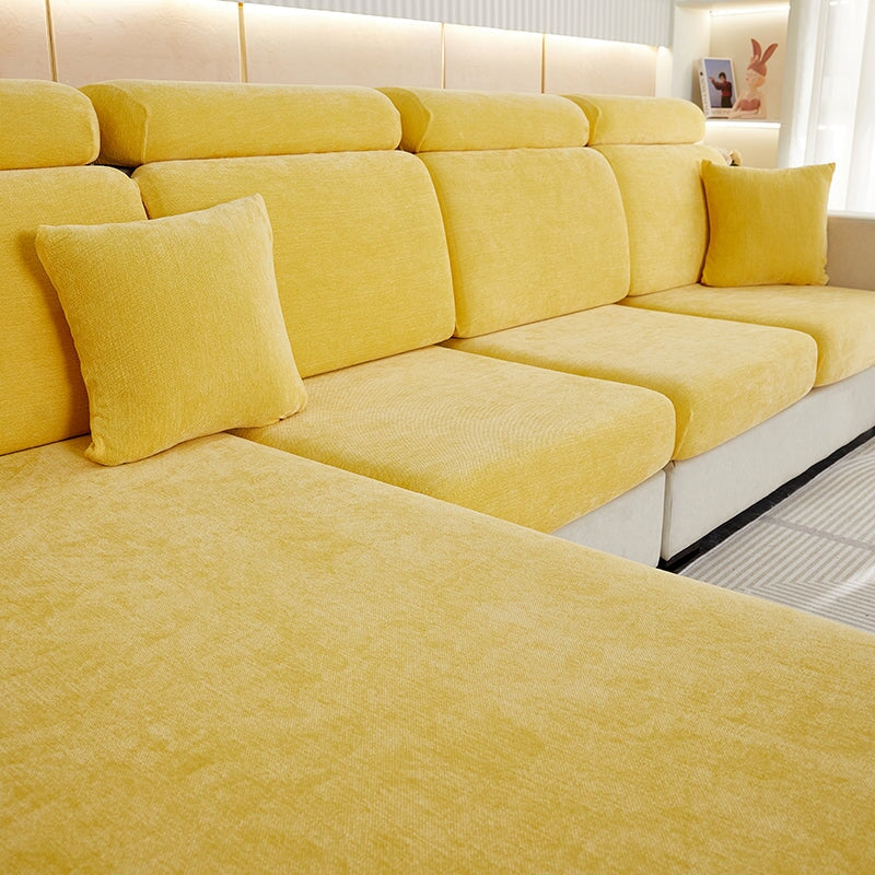 Chic chenille furniture slipcover, stretch fabric, enhances living room aesthetic.