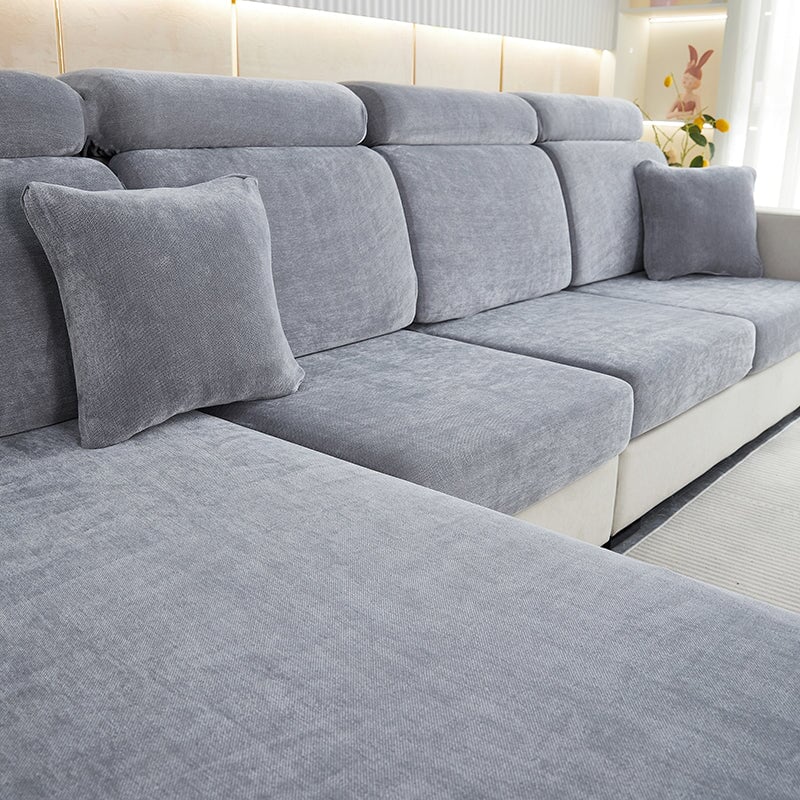 Elegant chenille sofa protector, stretch fit, ideal for stylish home decor.