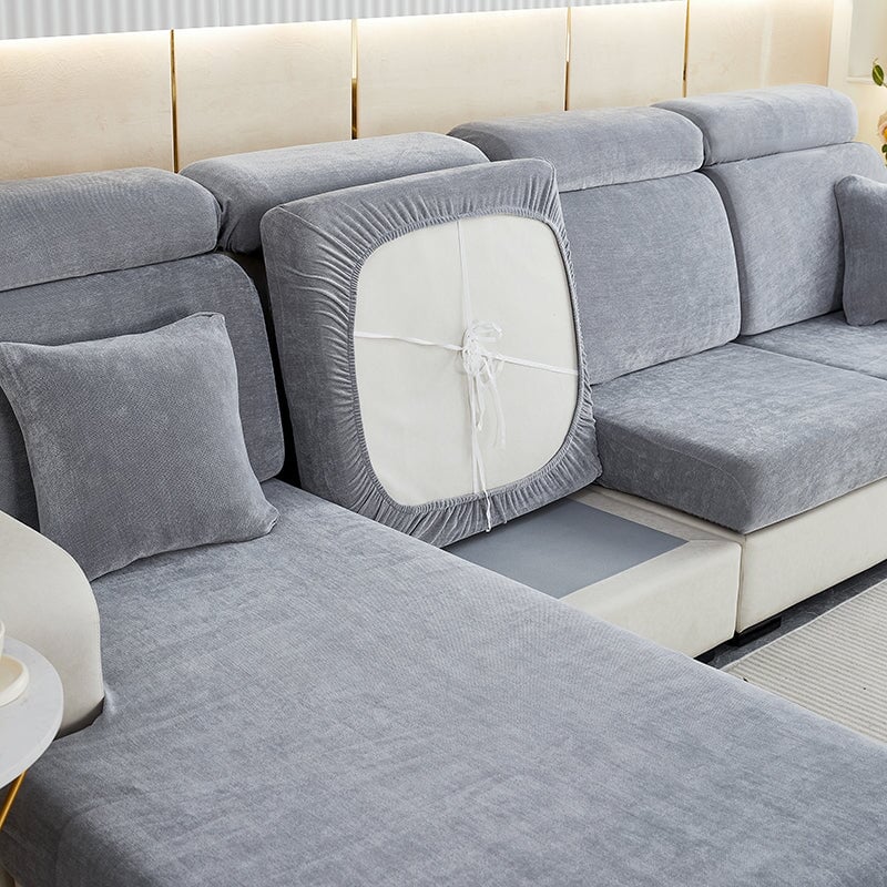 Family-friendly chenille sectional cover, pet-resistant, easy-care couch protection.