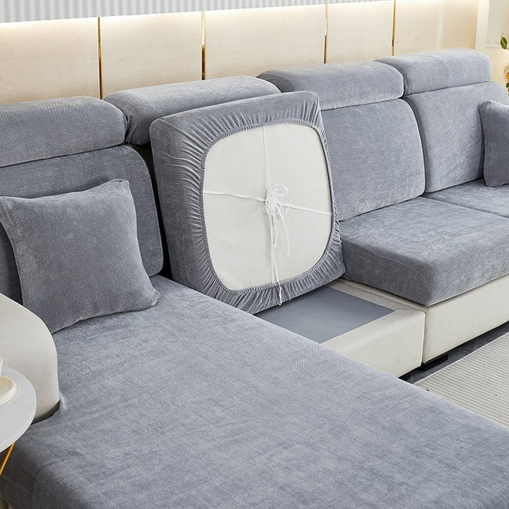 Family-friendly chenille sectional cover, pet-resistant, easy-care couch protection.