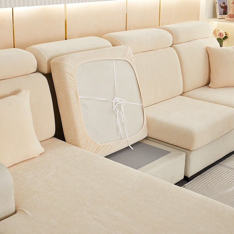 Cozy chenille sectional cover, pet-friendly protection, stretch fit for any sofa.