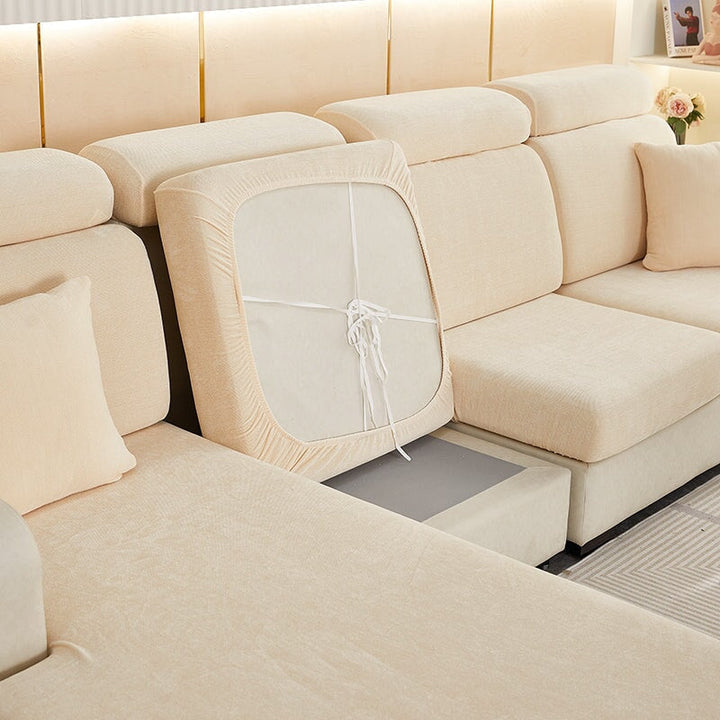 Cozy chenille sectional cover, pet-friendly protection, stretch fit for any sofa.