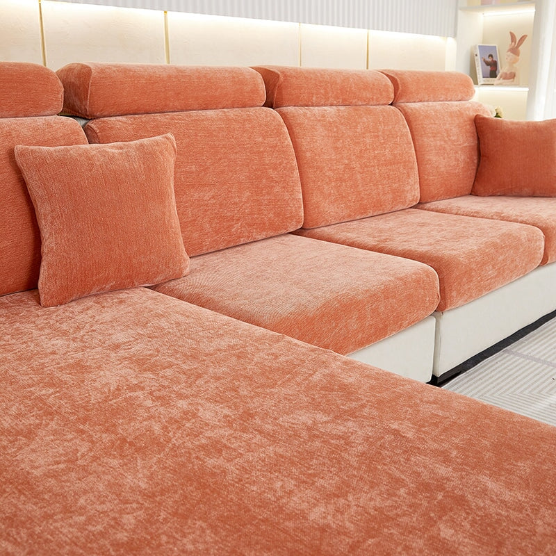 Spill-resistant chenille sectional couch cover, stretch fabric, living room decor.