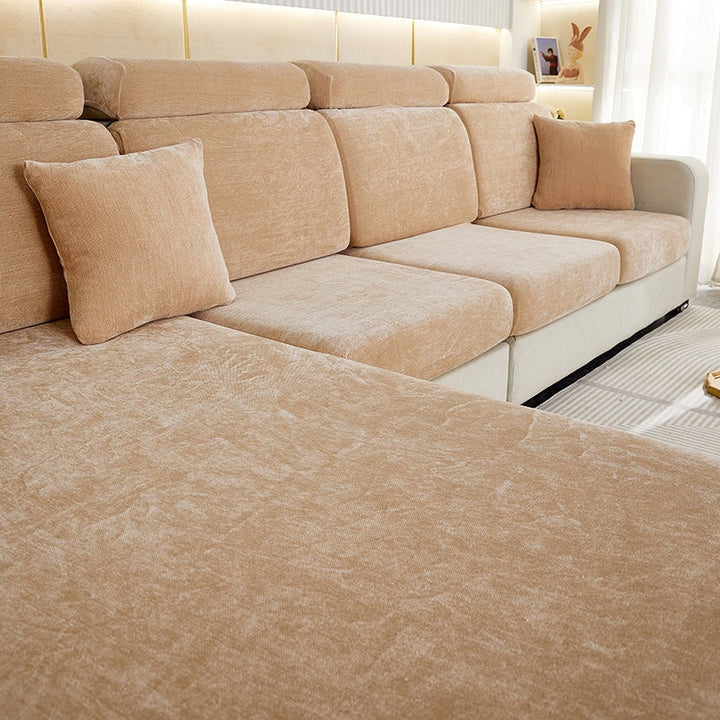 Stylish chenille sectional cover, stretch fabric, protects couch from spills & pets.