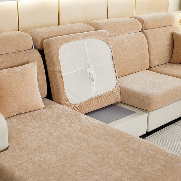 Luxurious chenille sectional slipcover, durable & pet-friendly, ideal for living room.
