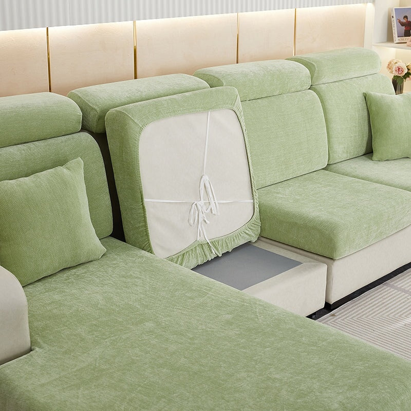 Modern chenille sectional protector, stretch fit, keeps your furniture looking new.