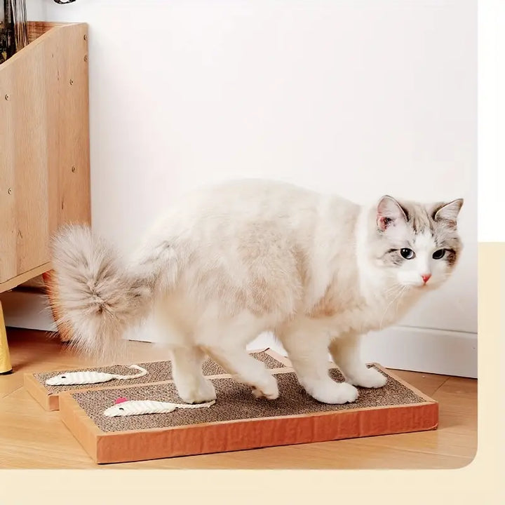 Playful design cat scratcher mat, a durable feline accessory and furniture protector for happy cats.