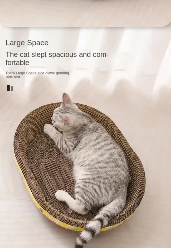 Durable corrugated cardboard cat scratching lounge bed for feline comfort.