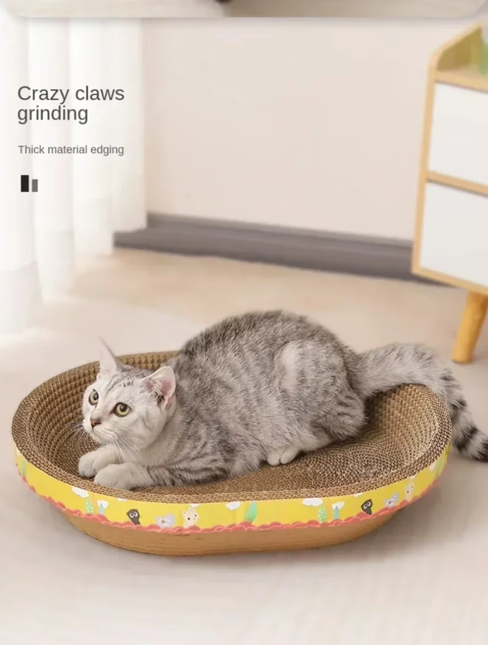 Ergonomic cardboard cat scratcher and cozy lounge bed, designed for ultimate feline comfort.